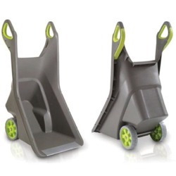 Comfortable handle, reinforced metal shovel-like edge for digging into a pile of soil, robust wheels.